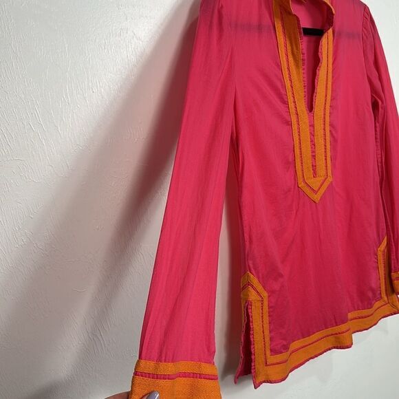Tory Burch Claudia Long Sleeve Orange Trim Tunic Top In Pink Size 4 - Picture 3 of 11
